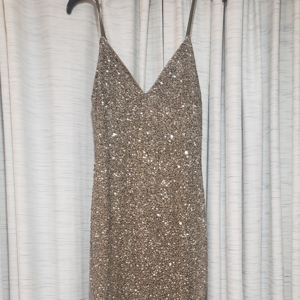 Stunning strappy olive and gold sequined dress
